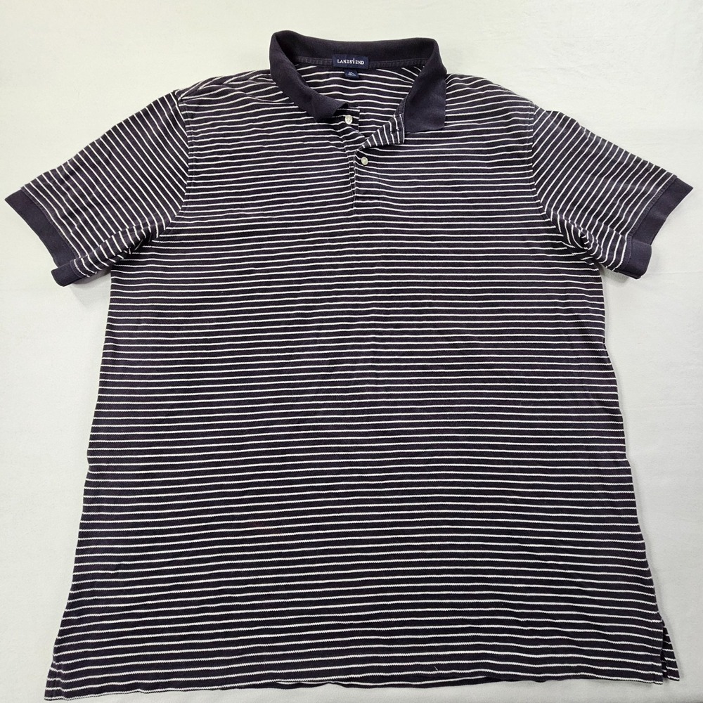 Lands' End Blue Striped Cotton Polo Shirt Men's 2XL